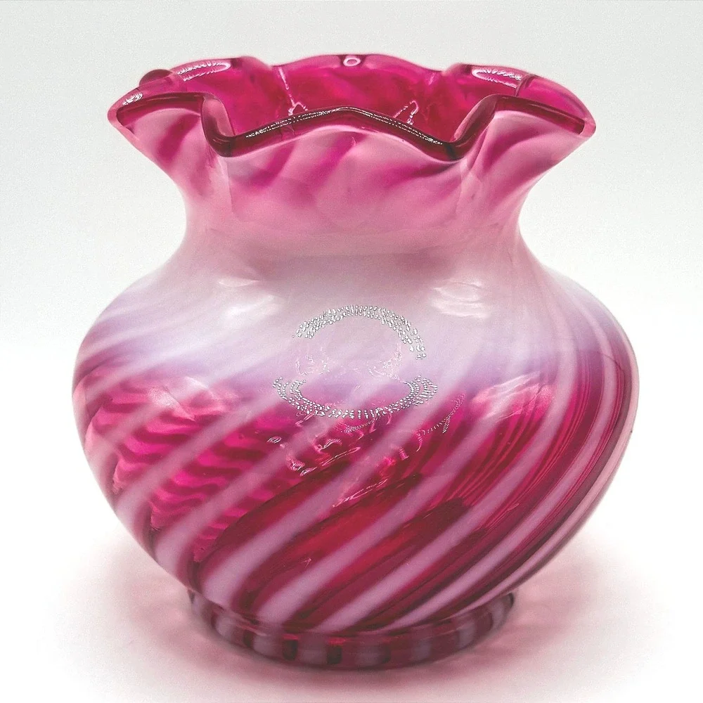 Fenton Vintage Cranberry Opalescent Swirl Art Glass Vase Ruffled Rim Hand Blown